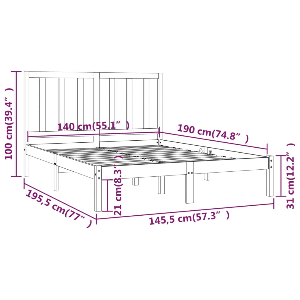 vidaXL Bed Frame without Mattress Black Solid Wood Pine 140x190 cm