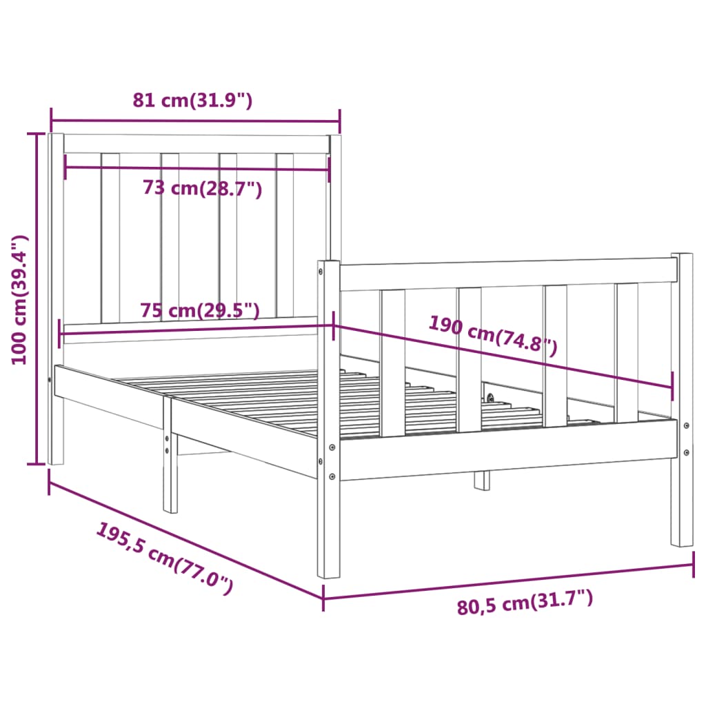 vidaXL Bed Frame without Mattress Black 75x190 cm Small Single Solid Wood