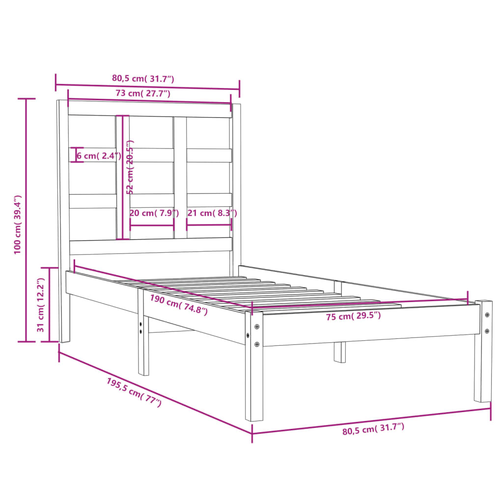 vidaXL Bed Frame | White | Solid pine wood | Small Single | Durable | Bed Frame