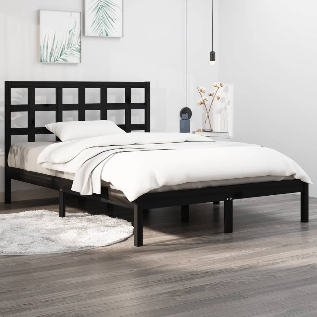 vidaXL Bed Frame | Black | Solid Pinewood | Double | Durable | Bed Frame