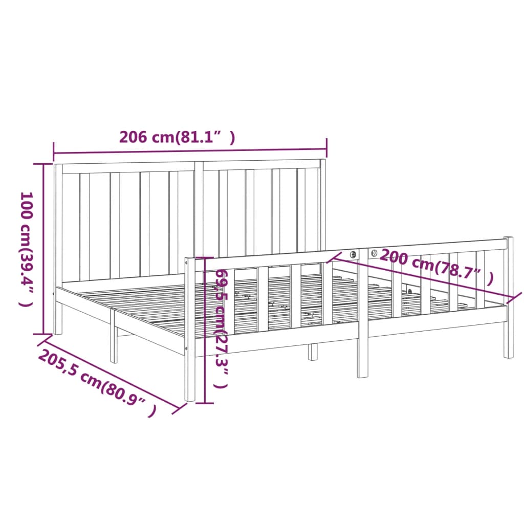 vidaXL Bed Frame without Mattress Black 200x200 cm  Solid Wood Pine