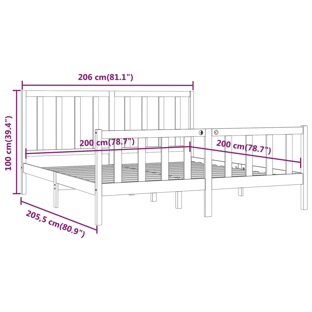 vidaXL Bed Frame | Black | Solid pine wood | 200x200 cm | Durable | Bed Frame