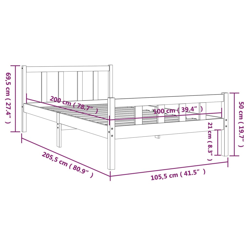 vidaXL Bed Frame | Grey | Solid pine wood, Plywood slats | Single | Durable