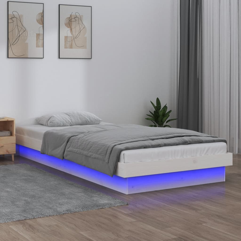 vidaXL Bed Frame | White | Solid Pine Wood | Single | Lights | Bed Frame