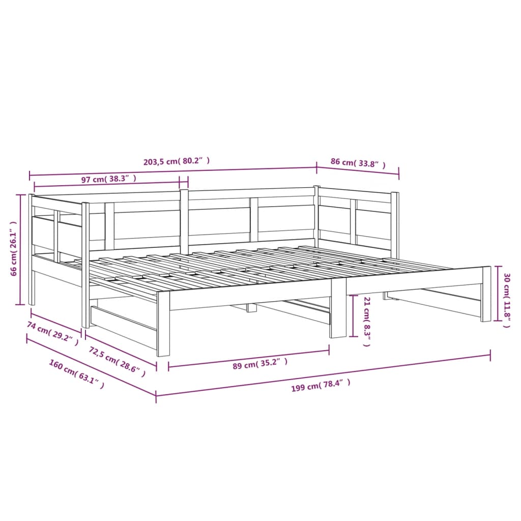 vidaXL Pull-out Day Bed without Mattress Black 2x(80x200) cm