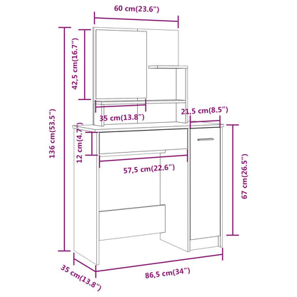 vidaXL Dressing Table with Mirror Sonoma Oak 86.5x35x136 cm