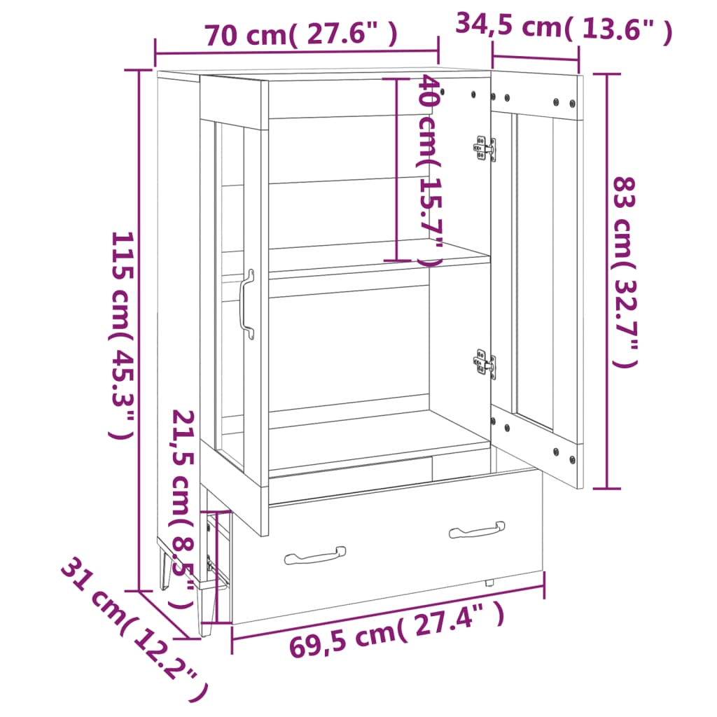 vidaXL Highboard Sonoma Oak 70x31x115 cm Engineered Wood