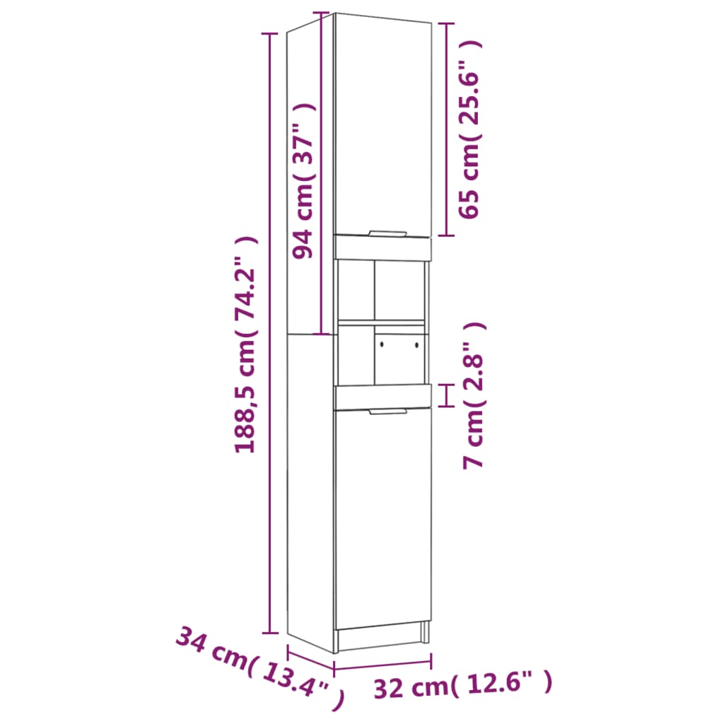 vidaXL Bathroom Cabinet Smoked Oak 32x34x188.5 cm Engineered Wood