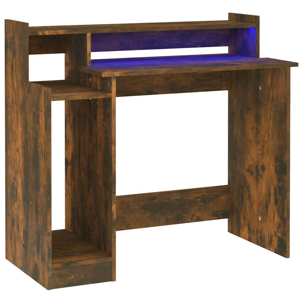 vidaXL Desk with LED Lights Smoked Oak 97x45x90 cm Engineered Wood