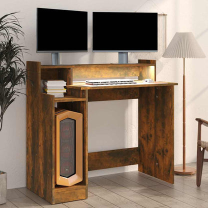 vidaXL Desk with LED Lights Smoked Oak 97x45x90 cm Engineered Wood