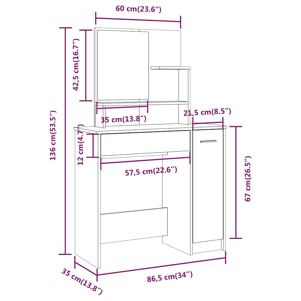 vidaXL Dressing Table with Mirror Grey Sonoma 86,5x35x136 cm
