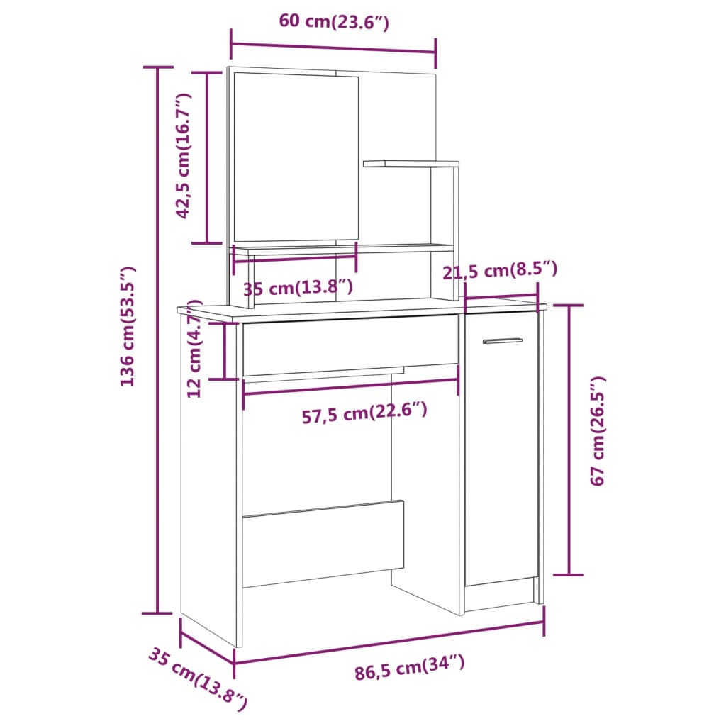 vidaXL Dressing Table with Mirror Grey Sonoma 86.5x35x136 cm