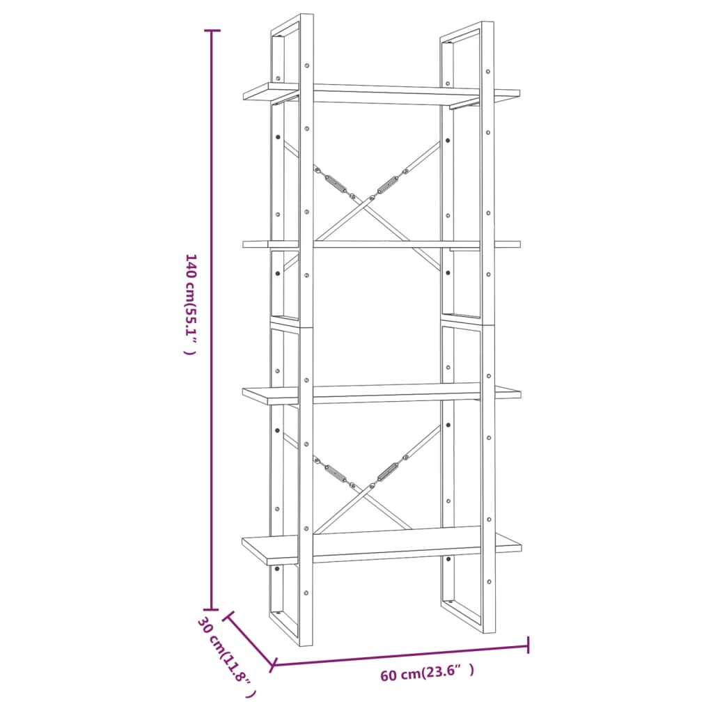 vidaXL 4-Tier Book Cabinet Grey Sonoma 60x30x140 cm Engineered Wood