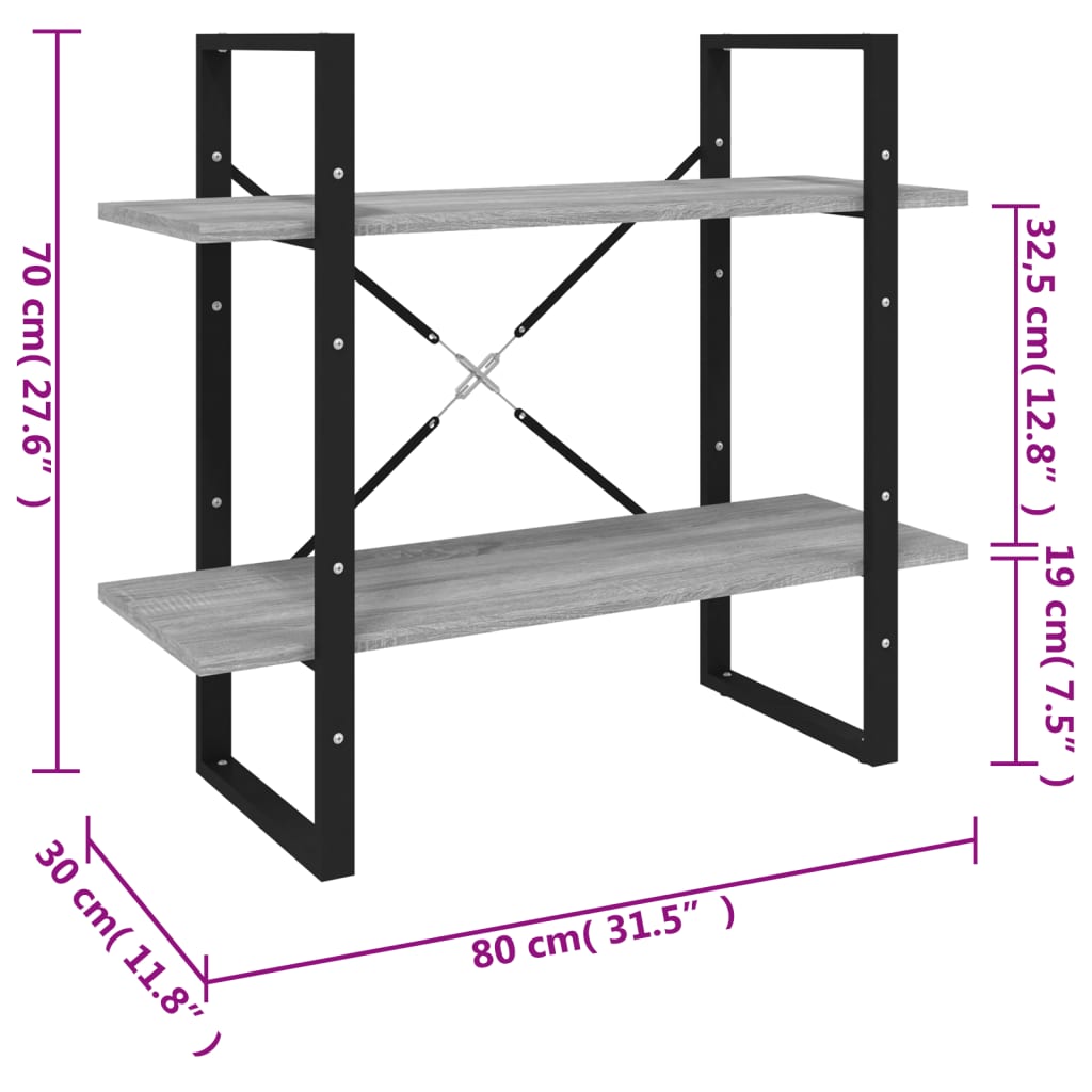 vidaXL 2-Tier Book Cabinet Grey Sonoma 80x30x70 cm Engineered Wood