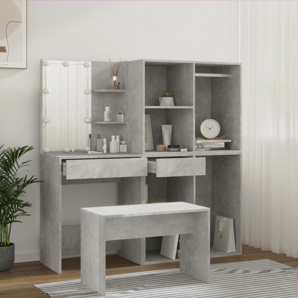 vidaXL Dressing Table Set with LED Concrete Grey Engineered Wood