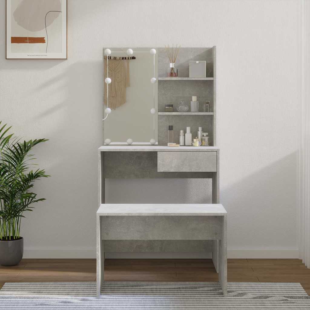 vidaXL Dressing Table Set with LED Concrete Grey Engineered Wood