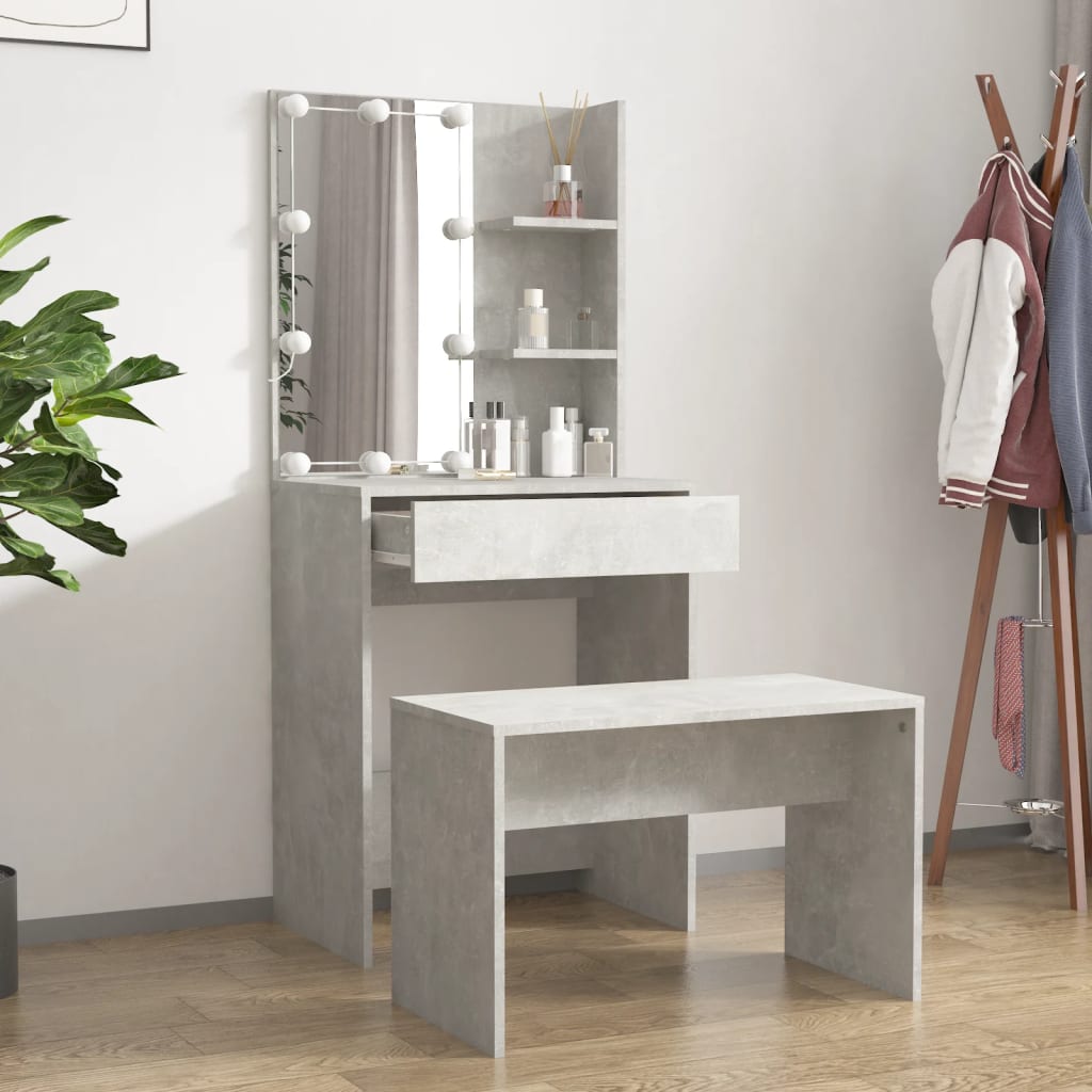 vidaXL Dressing Table Set with LED Concrete Grey Engineered Wood