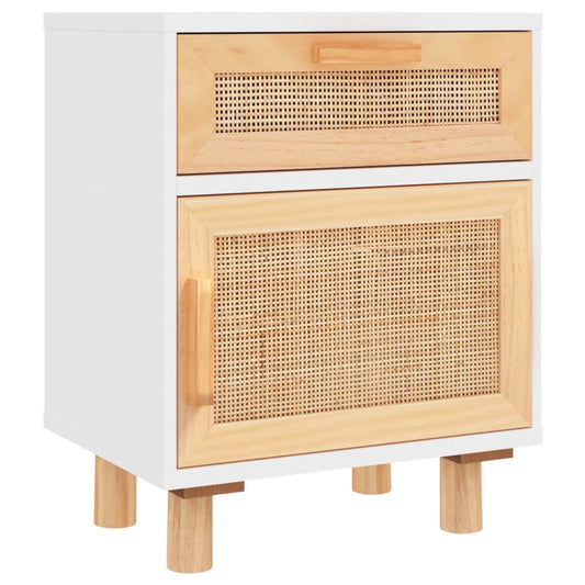 vidaXL Bedside Cabinet White Solid Wood Pine and Natural Rattan