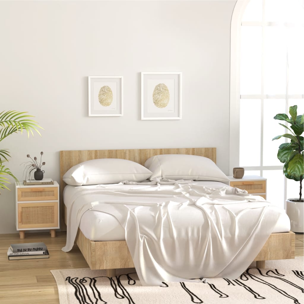 vidaXL Bedside Cabinet White Solid Wood Pine and Natural Rattan