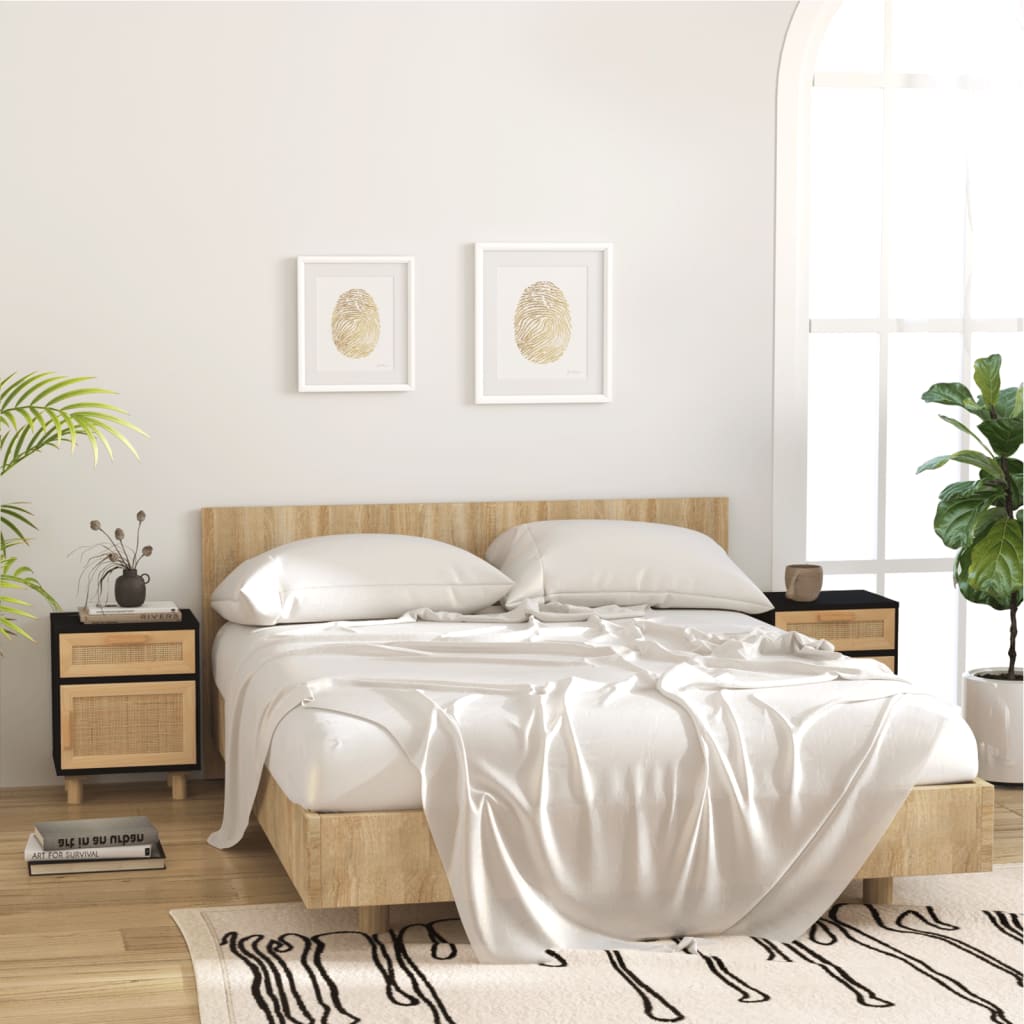 vidaXL Bedside Cabinet Black Solid Wood Pine and Natural Rattan
