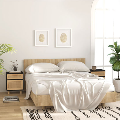 vidaXL Bedside Cabinet Black Solid Wood Pine and Natural Rattan