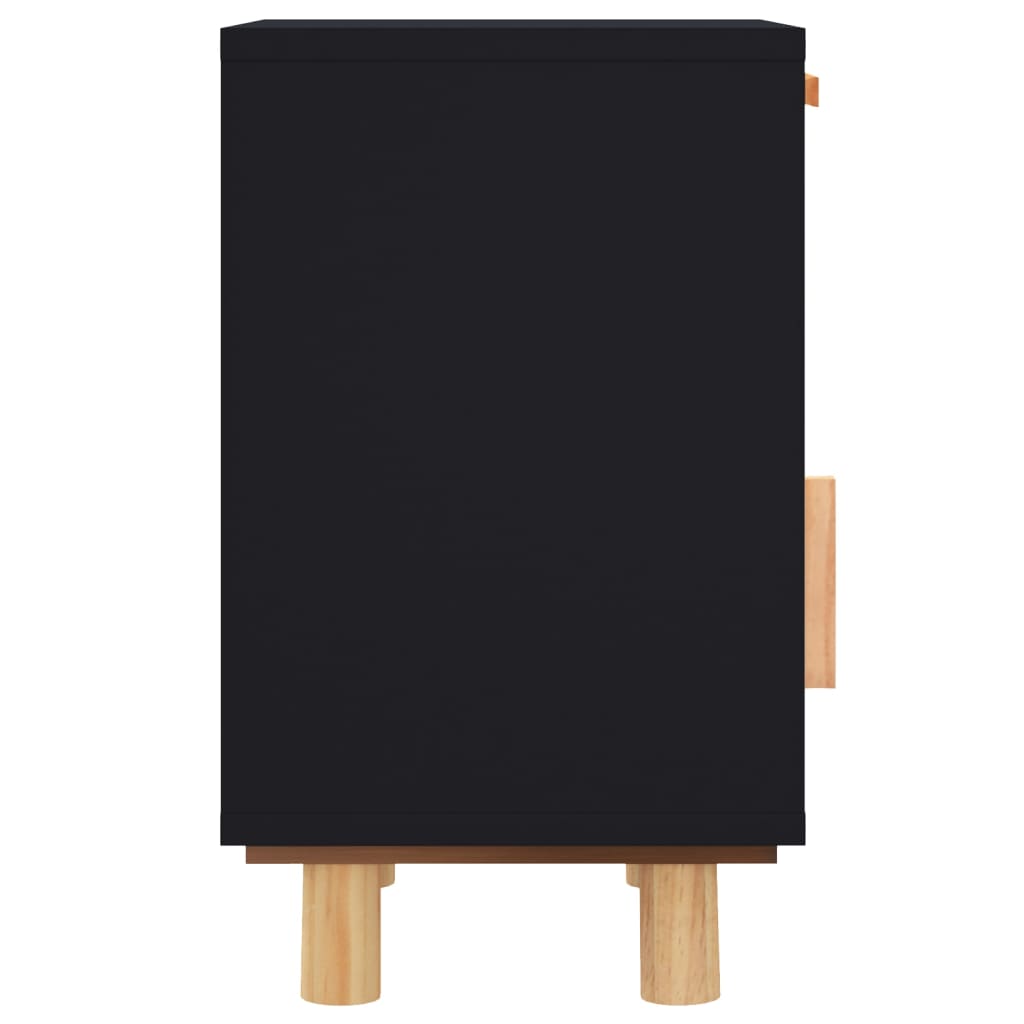 vidaXL Bedside Cabinet Black Solid Wood Pine and Natural Rattan