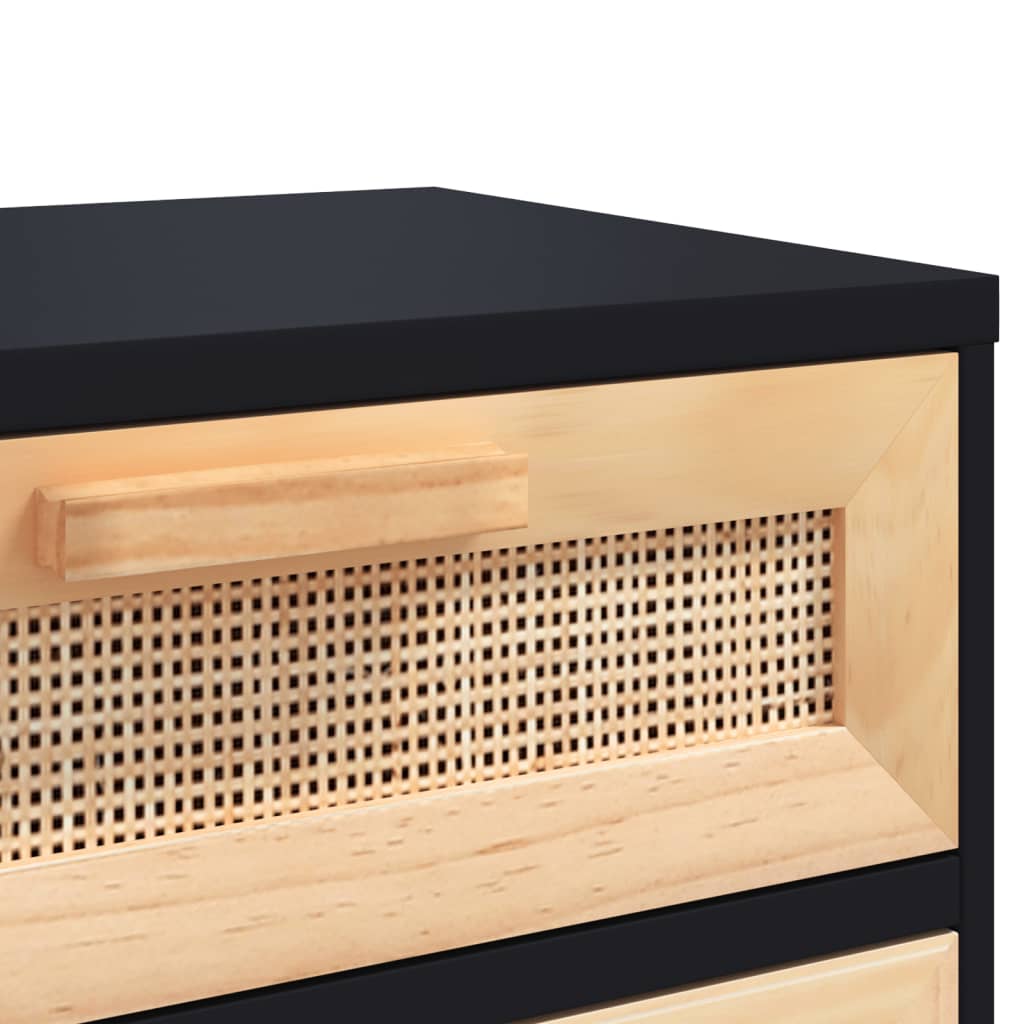 vidaXL Bedside Cabinet Black Solid Wood Pine and Natural Rattan