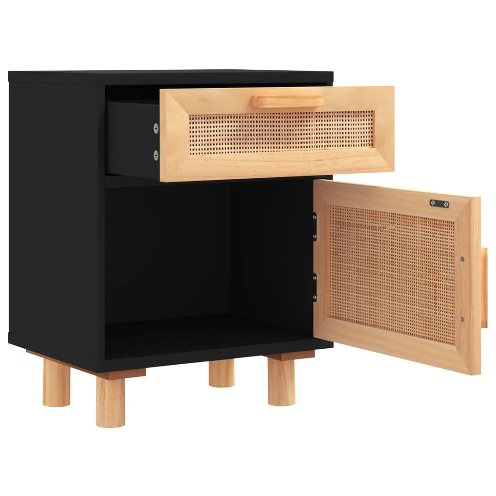 vidaXL Bedside Cabinets 2 pcs Black Solid Wood Pine and Natural Rattan