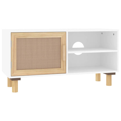 vidaXL TV Cabinet White 80x30x40 cm Solid Wood Pine and Natural Rattan