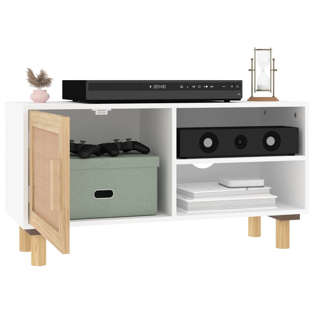 vidaXL TV Cabinet White 80x30x40 cm Solid Wood Pine and Natural Rattan