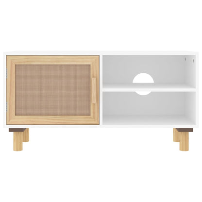 vidaXL TV Cabinet White 80x30x40 cm Solid Wood Pine and Natural Rattan