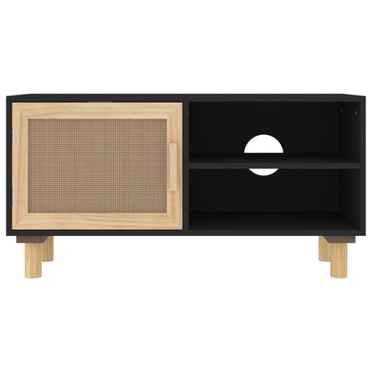 vidaXL TV Cabinet Black 80x30x40 cm Solid Wood Pine and Natural Rattan