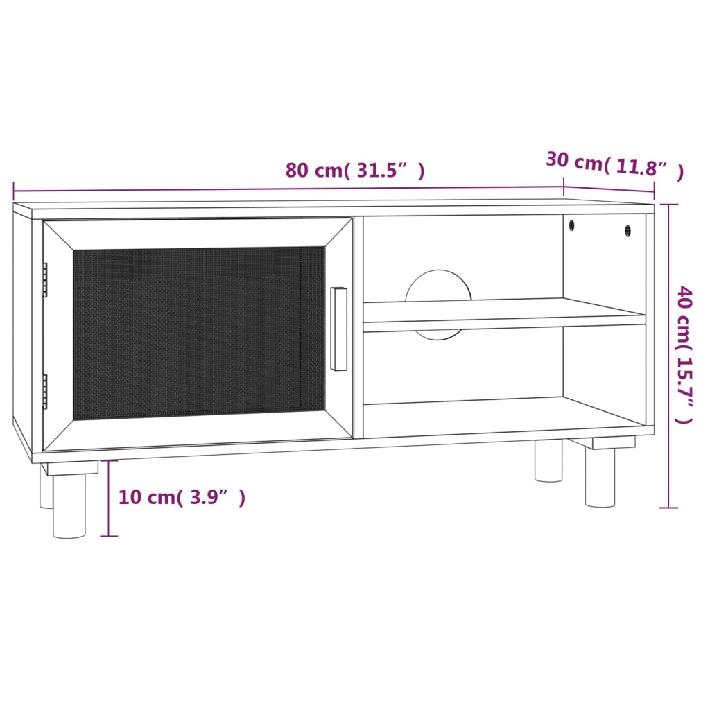 vidaXL TV Cabinet Black 80x30x40 cm Solid Wood Pine and Natural Rattan