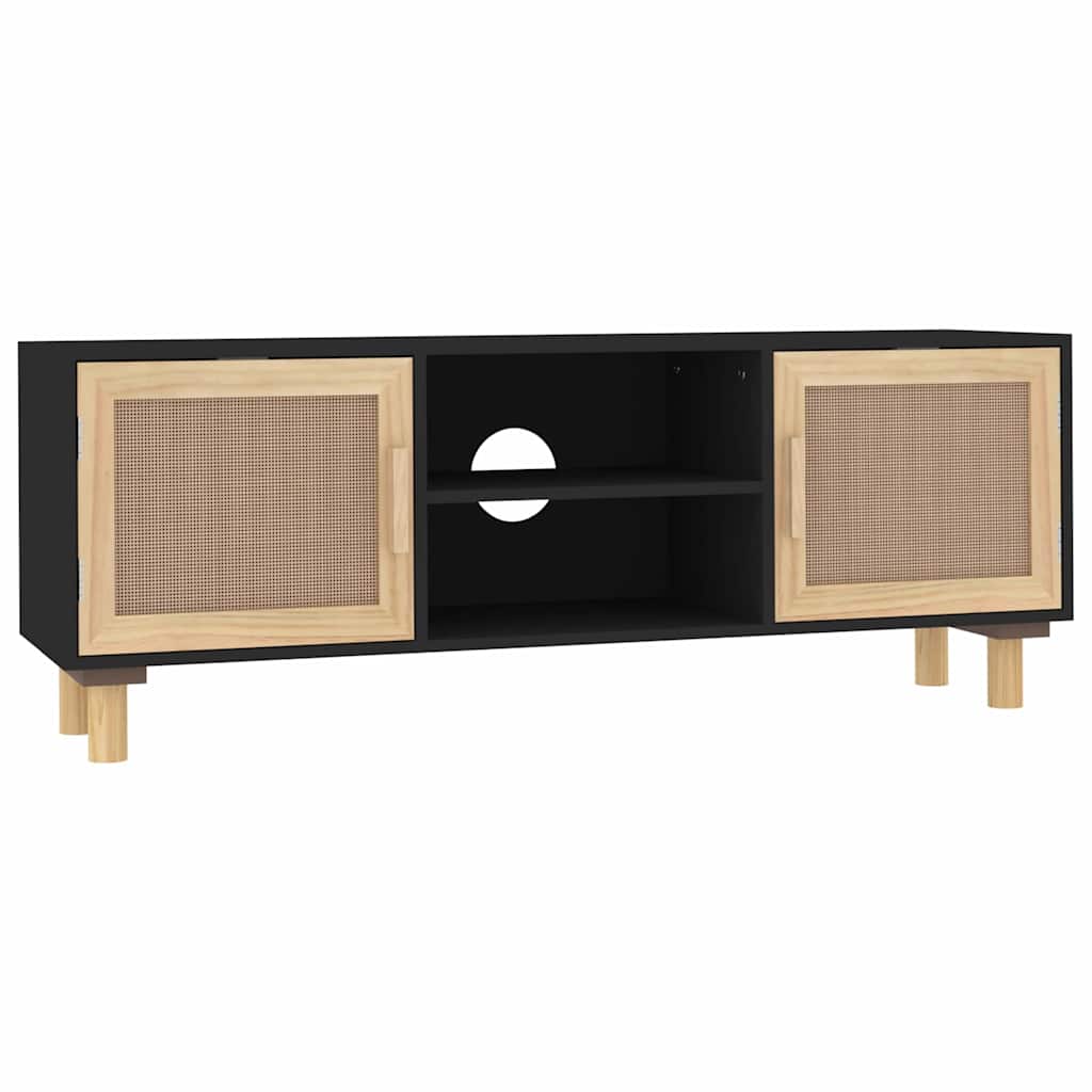 vidaXL TV Cabinet Black 105x30x40 cm Solid Wood Pine&Natural Rattan
