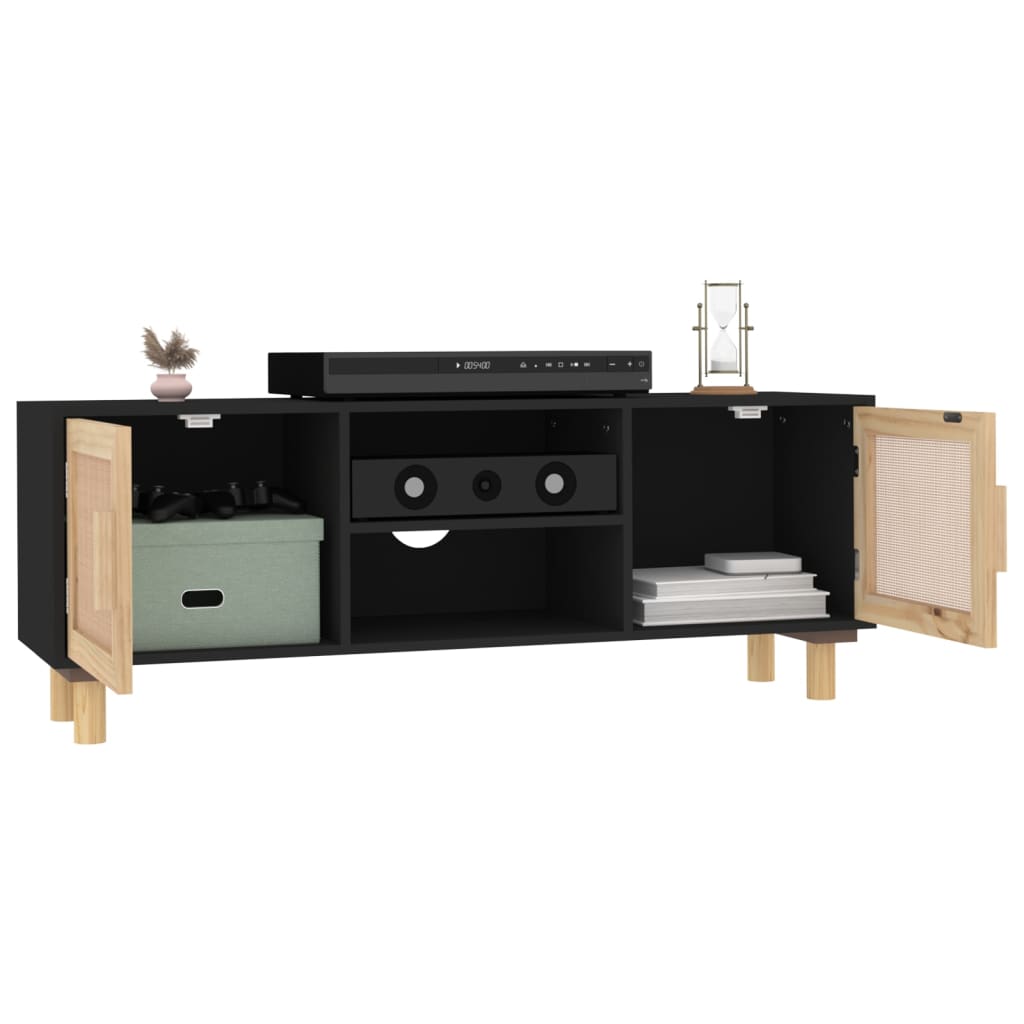 vidaXL TV Cabinet Black 105x30x40 cm Solid Wood Pine&Natural Rattan
