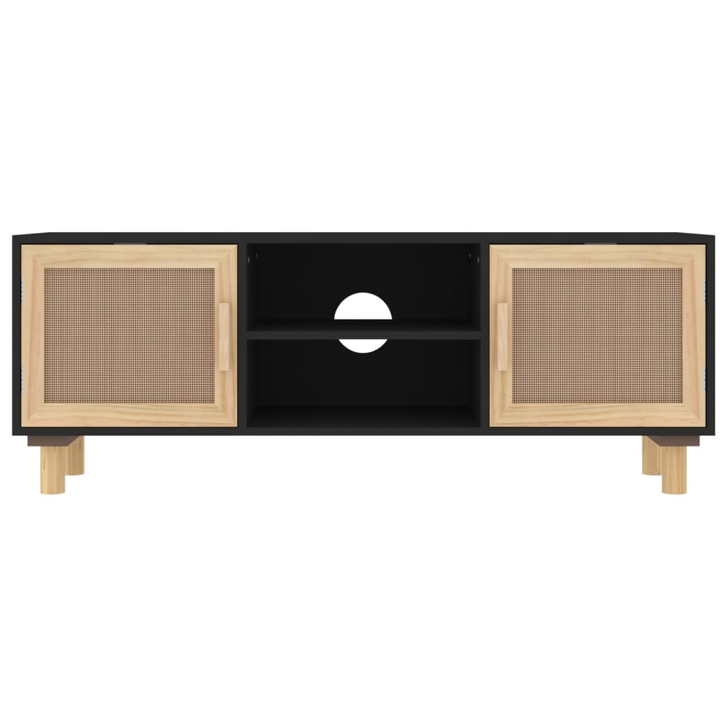 vidaXL TV Cabinet Black 105x30x40 cm Solid Wood Pine&Natural Rattan