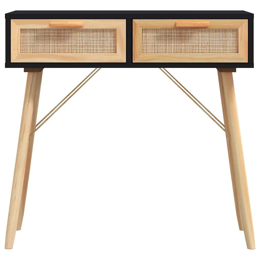 vidaXL Console Table Black 80x30x75 cm Solid Wood Pine&Natural Rattan