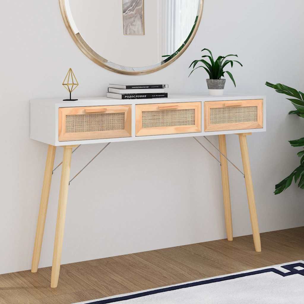 vidaXL Console Table | White | Engineered wood, solid pinewood, natural rattan