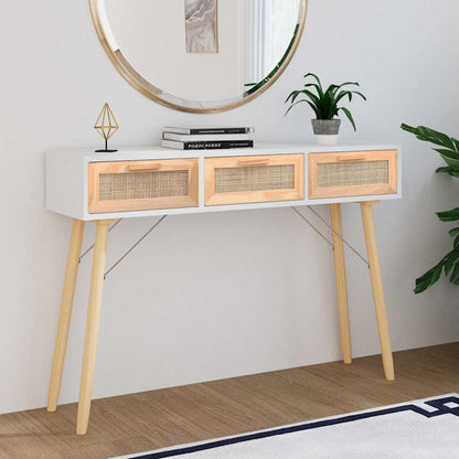 vidaXL Console Table | White | Engineered wood, solid pinewood, natural rattan