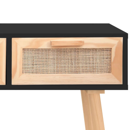 vidaXL Console Table Black 105x30x75 cm Solid Wood Pine&Natural Rattan