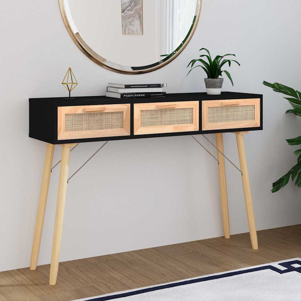 vidaXL Console Table Black 105x30x75 cm Solid Wood Pine&Natural Rattan