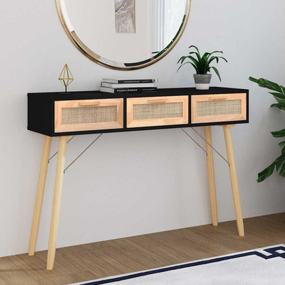 vidaXL Console Table Black 105x30x75 cm Solid Wood Pine&Natural Rattan