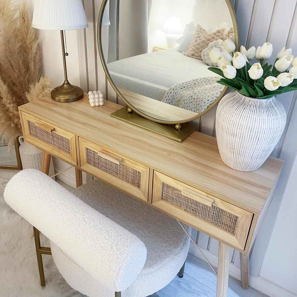 vidaXL Console Table Brown 105x30x75 cm Solid Wood Pine&Natural Rattan