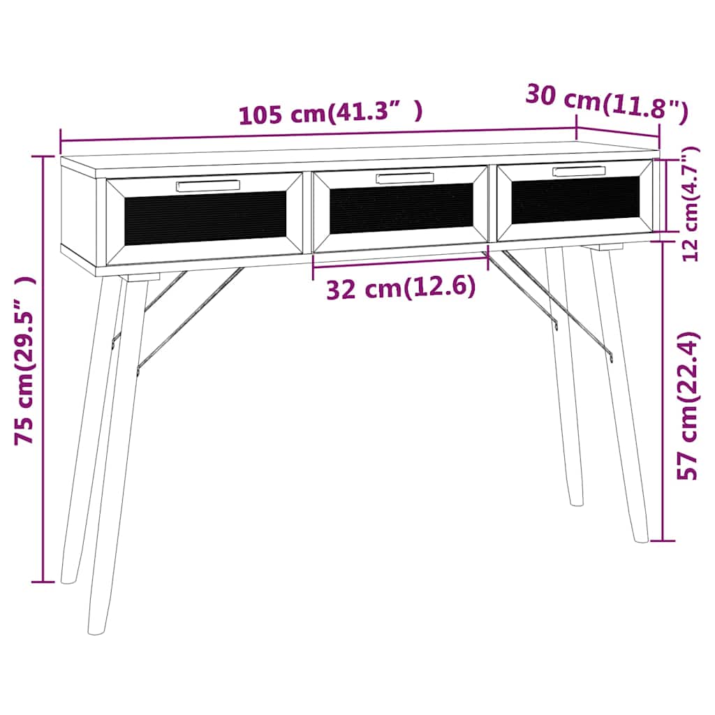 vidaXL Console Table Brown 105x30x75 cm Solid Wood Pine&Natural Rattan