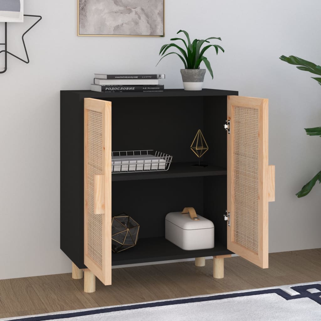 vidaXL Sideboard | Black | Engineered wood, Solid pine wood, Natural rattan