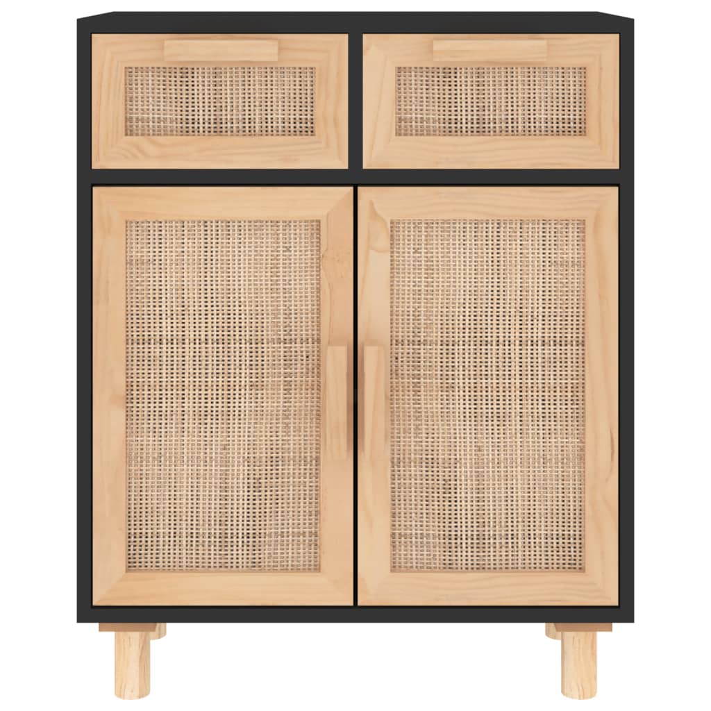 vidaXL Sideboard Black 60x30x75 cm Solid Wood Pine and Natural Rattan