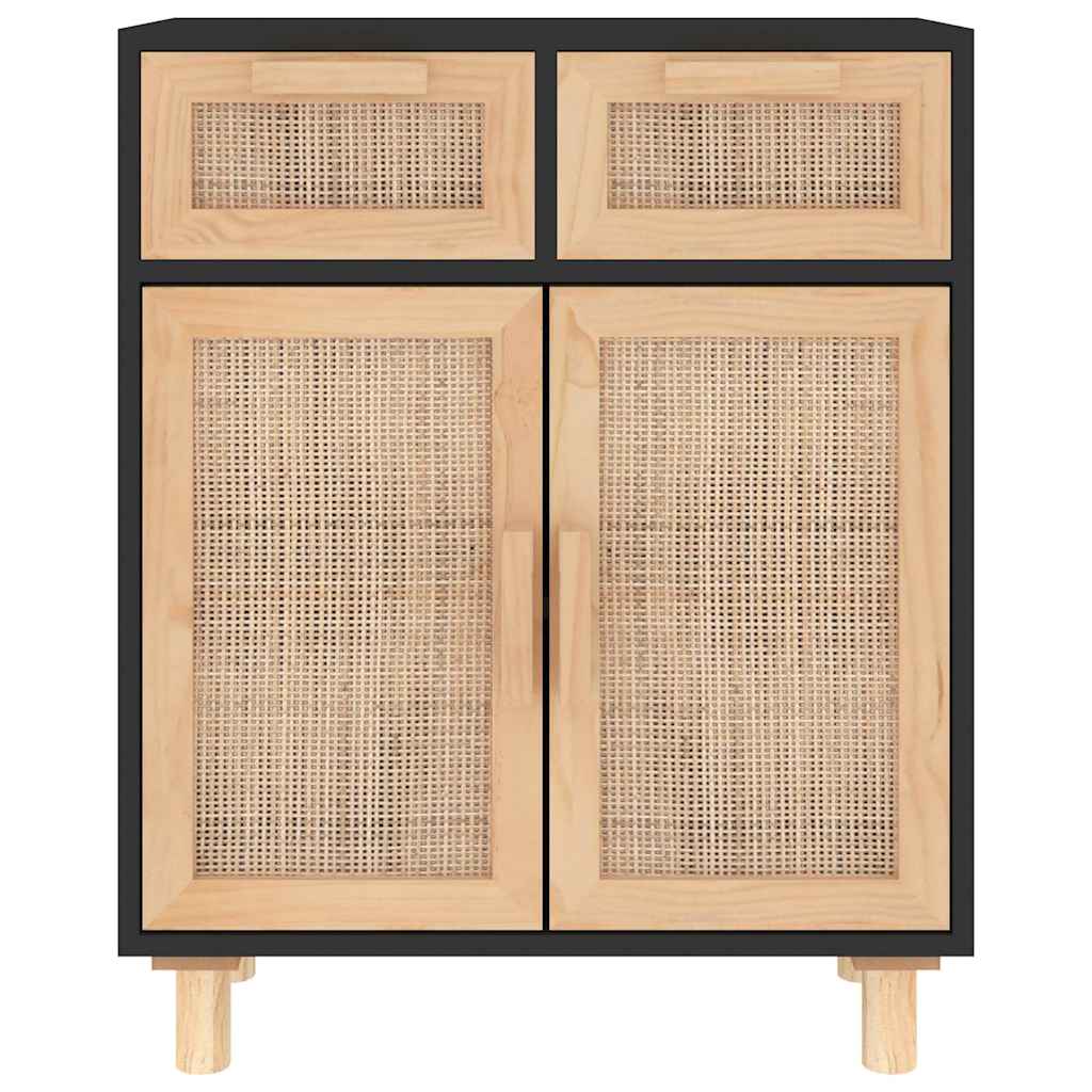 vidaXL Sideboard Black 60x30x75 cm Solid Wood Pine and Natural Rattan