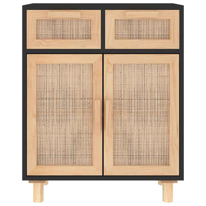 vidaXL Sideboard Black 60x30x75 cm Solid Wood Pine and Natural Rattan