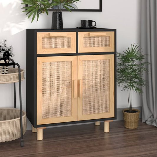 vidaXL Sideboard | Black | Engineered wood, solid pinewood, natural rattan