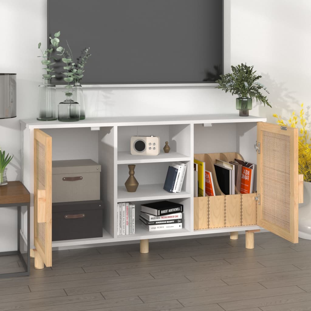 vidaXL Sideboard White 105x30x60 cm Solid Wood Pine and Natural Rattan